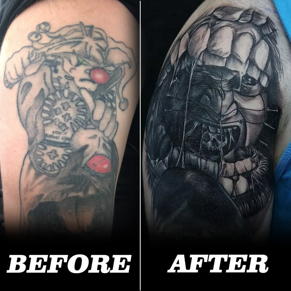 Cover-up tattoo, before and after